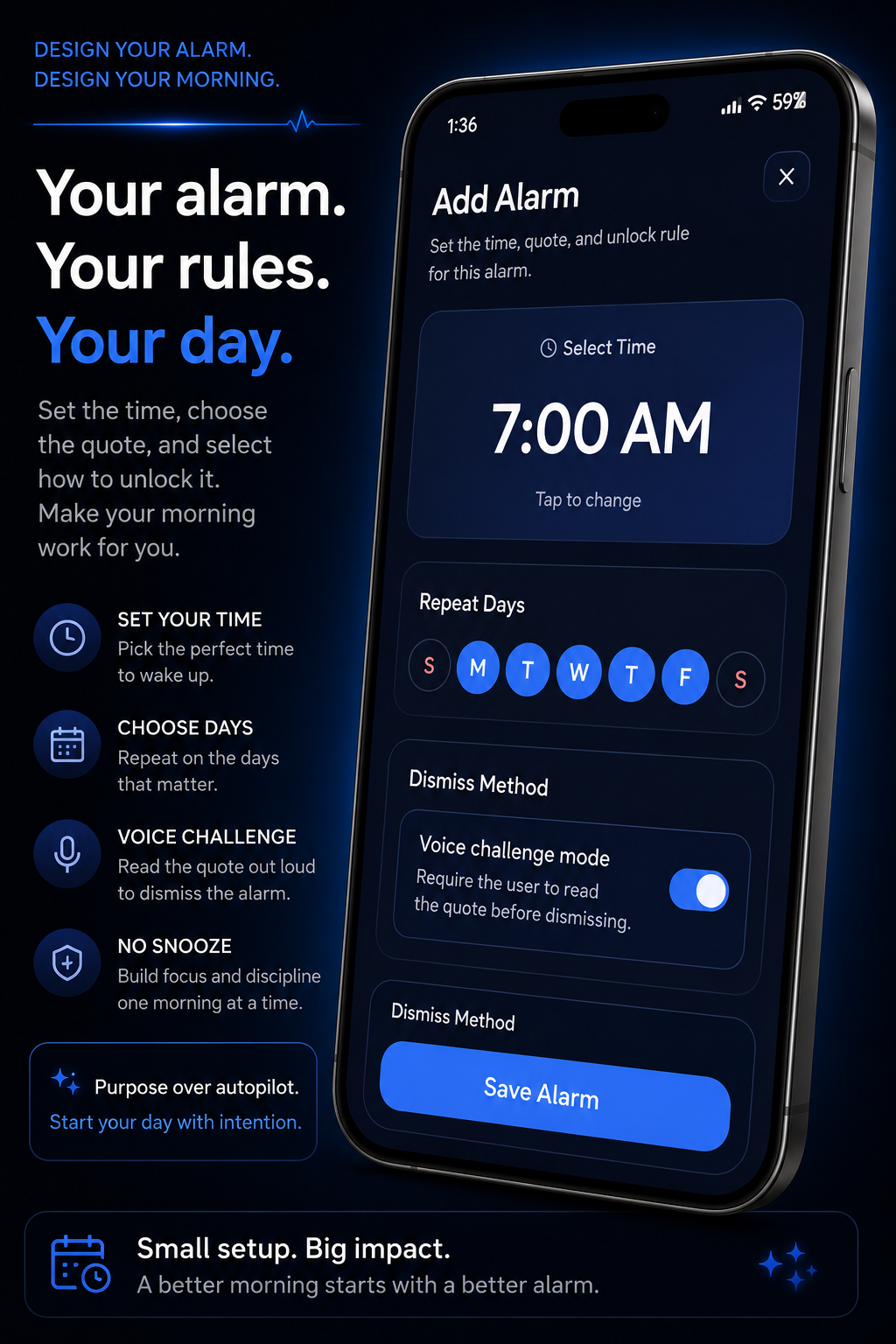 Rise add alarm screen with repeat days and voice challenge settings