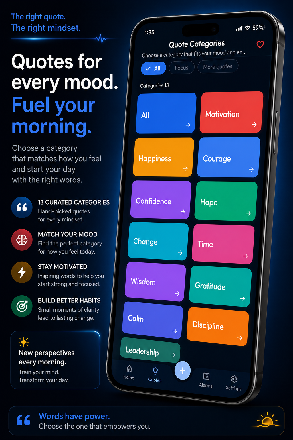Rise quote categories screen with colorful category tiles