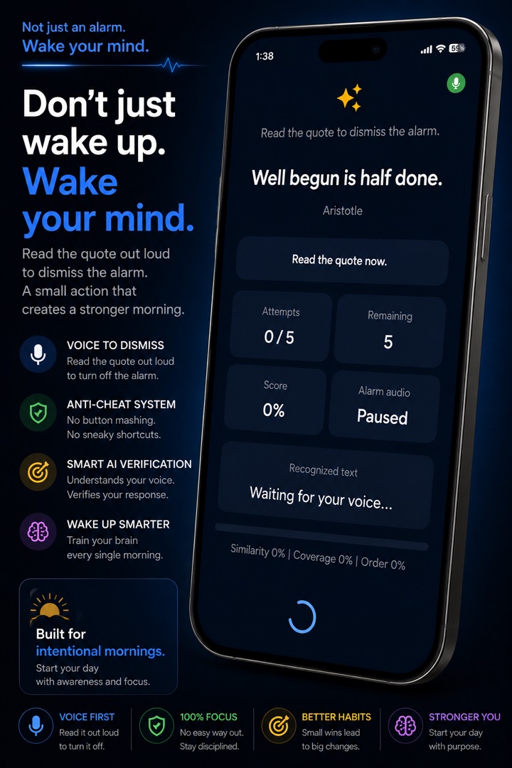 RYZA alarm screen showing a spoken wake phrase