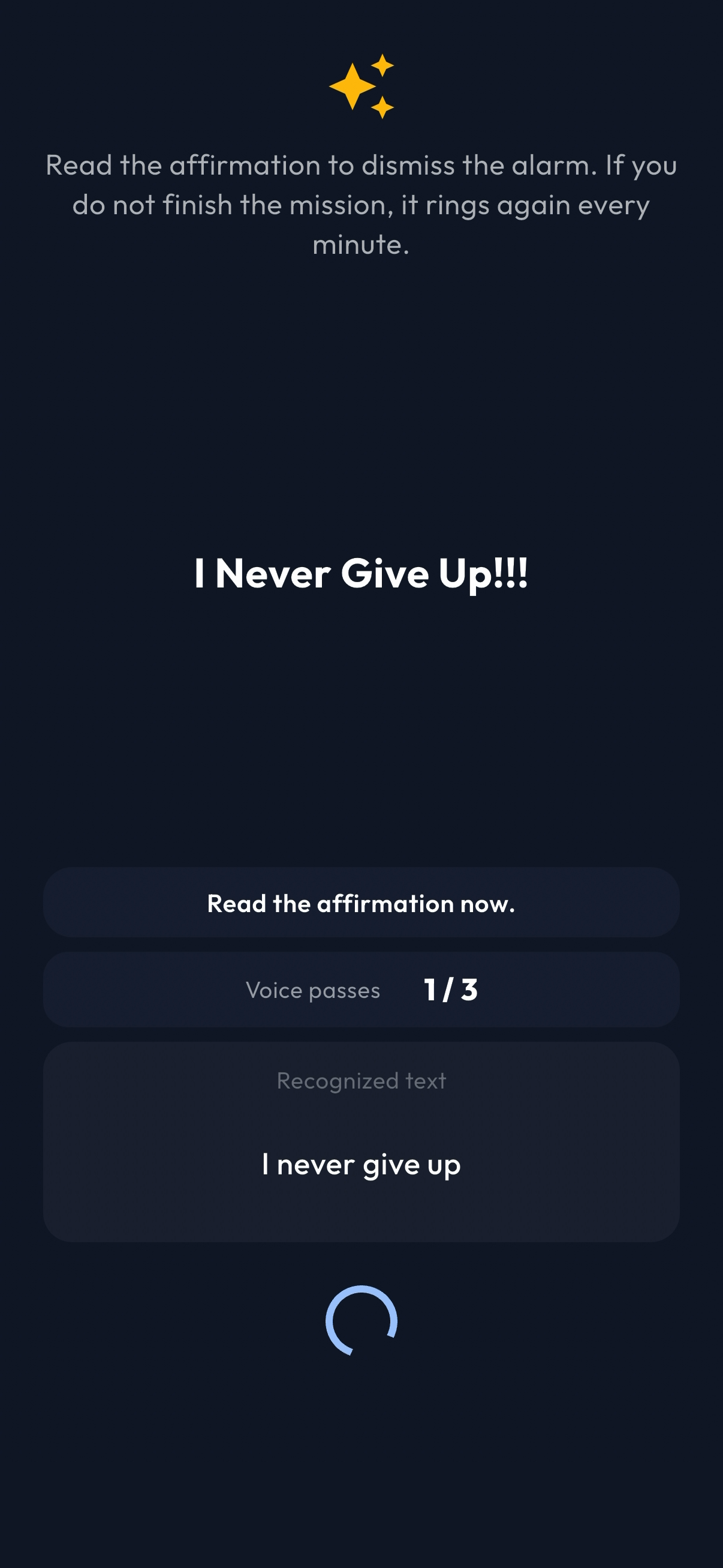 RYZA voice mission screen asking the user to read an affirmation